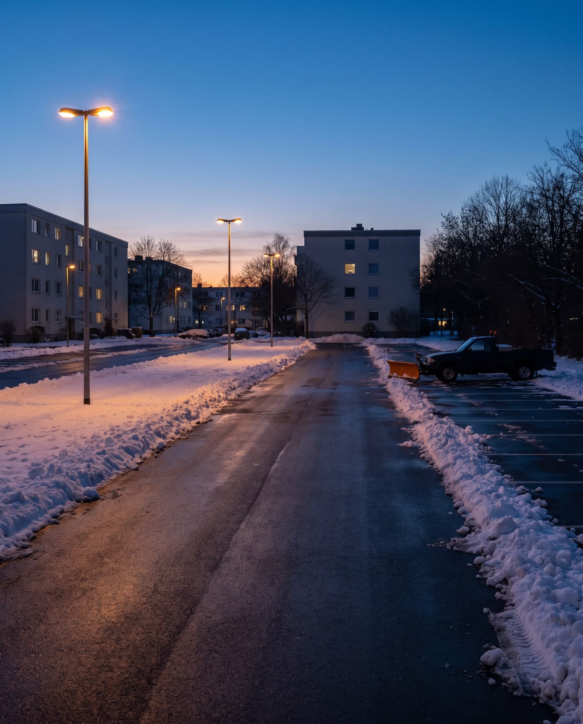 Beispielbild: geräumter Parkplatz mit Schneewällen am Rand, im Hintergrund ein Pick-up mit Räumschild, Straßenlaternen in der Dämmerung